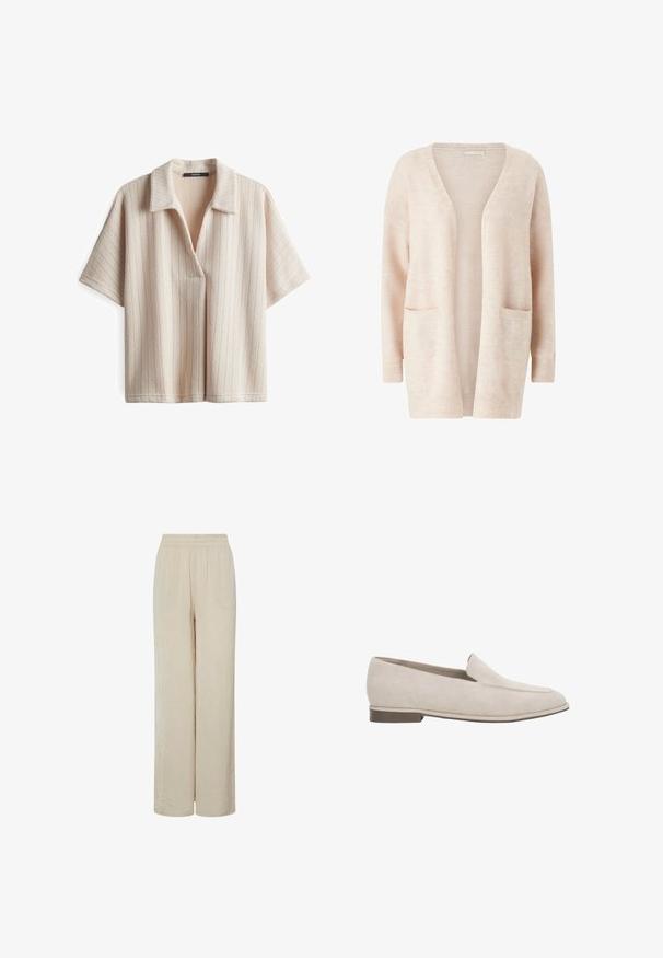 Lichtroze cardigan van zacht gebreid materiaal, met een brede V-hals, open voorkant, lange mouwen en twee voorzakken.; Korte mouwen, geknoopte beige top met verticale ribbelstructuur en een losse pasvorm. Heeft een v-halsopening en zachte stof.; Beige wijde broek met een elastische tailleband, lichtgewicht gekreukte textuur en een los vallende pasvorm. Geen zichtbare zakken of sluitingen.; Beige suède instapper loafer met lage hak, puntige neus en minimale stiksel details aan de bovenzijde.