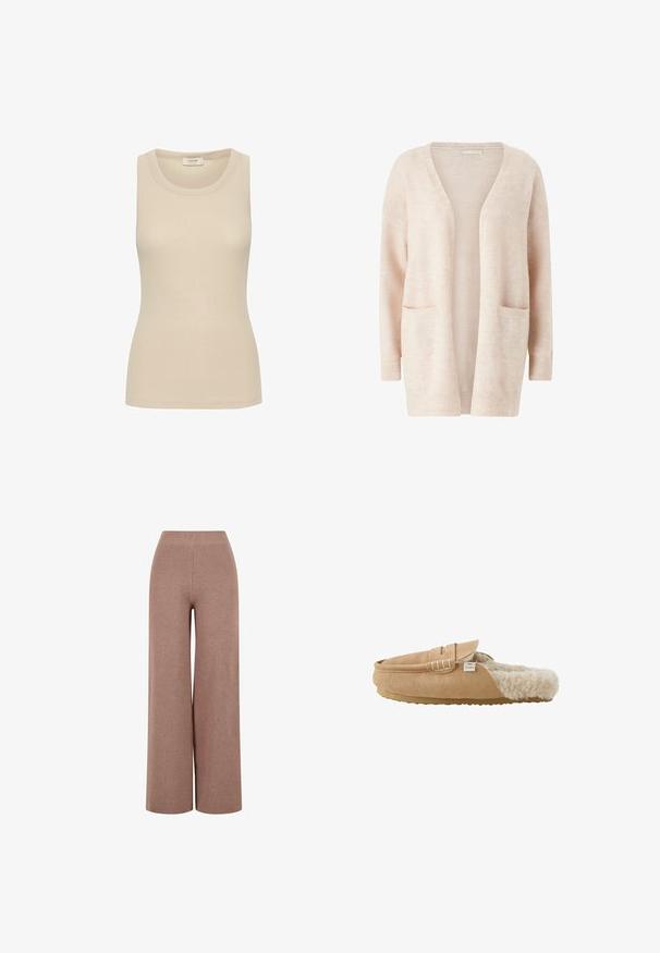 Lys pink cardigan lavet af blødt strikket stof, med en bred V-udskæring, åben front, lange ærmer og to forreste patch-lommer.; Beige tanktop lavet af ribbet stof med rund halsudskæring og uden ærmer. Glat tekstur og skræddersyet pasform.; Brune, vide strikkede bukser med et tekstureret stof, der har en elastisk talje og en løs pasform for komfort.; Lysebrun ruskind slip-on tøffel med blødt cremefarvet imiteret pelsfoder og flad gummisål vist fra siden.