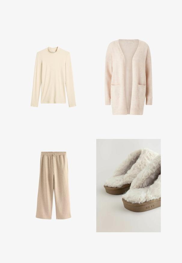 Lys pink cardigan lavet af blødt strikket stof, med en bred V-udskæring, åben front, lange ærmer og to forreste patch-lommer.; Cremefarvet langærmet strikket top med høj hals, enkel design og synlig varemærkeetiket indeni halsudskæringen.; Cremefarvede breddebenede bukser lavet af blødt bomuldsblandingsstof. Har en elastisk talje med snor og en subtil plettet tekstur.; Brune platform tøfler med bløde, fluffy cremefarvede kunstpels-overdele, der viser mærkenavnet "NEXT" præget på sålen.