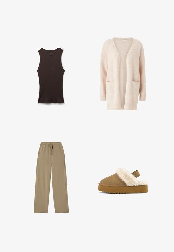 Lys pink cardigan lavet af blødt strikket stof, med en bred V-udskæring, åben front, lange ærmer og to forreste patch-lommer.; Ærmeløs sort ribstrikket tanktop med rund halsudskæring, vist liggende fladt på en hvid baggrund.; Beige, bredde benbukser lavet af blødt materiale, med elastisk talje og justerbar snøre samt sidelommer.; Brune ruskinds slideslipper med fluffy cremefarvet faux fur kant, en tyk platformsål og en bagrem til støtte. Struktureret greb på sålen.