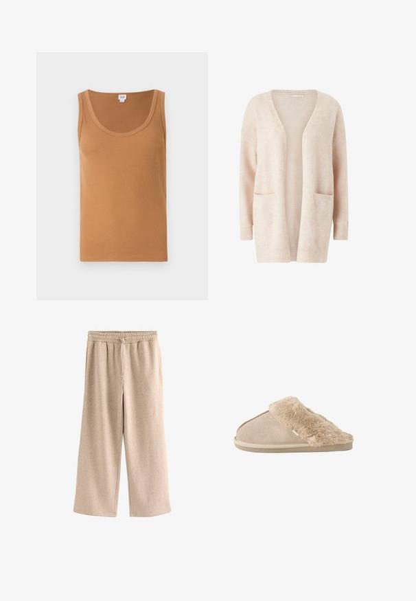 Cardigan rose clair en tissu tricot doux, avec un large col en V, une ouverture sur le devant, des manches longues et deux poches plaquées à l'avant.; Débardeur marron à côtes avec une encolure dégagée, présentant une texture douce et sans logos ni motifs visibles. Design épuré et simple.; Pantalon beige à jambes larges avec taille élastique et cordon, en tissu doux et moucheté.; Chausson beige à enfiler avec extérieur en daim doux et doublure intérieure moelleuse et duveteuse ainsi qu'un revers, conçu pour le confort à l'intérieur.