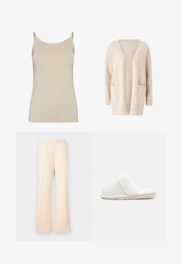 Lys pink cardigan lavet af blødt strikket stof, med en bred V-udskæring, åben front, lange ærmer og to forreste patch-lommer.; Beige tanktop lavet af glat stof, med tynde stropper og et enkelt, fitted design med en ren udskæring og uden mønstre.; Beige bredde-bukser i sweatshirtstof lavet af blødt bomuldsstof, med elastisk linning og subtilt broderet logo på venstre side foran.; Hvid tøffel med en blød imitation pels-strop, filt overdel, polstret sål og en struktureret gummibund for godt greb. Enkel, afrundet design.