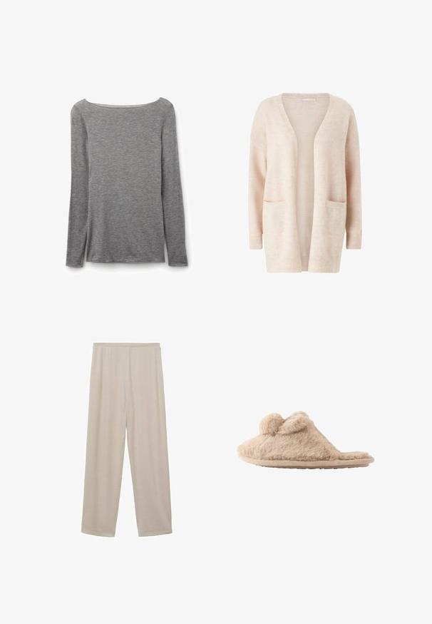 Lichtroze cardigan van zacht gebreid materiaal, met een brede V-hals, open voorkant, lange mouwen en twee voorzakken.; Grijze nauwsluitende top met lange mouwen en een brede boothals, gemaakt van zachte, lichte gebreide stof.; Beige, lichte katoenen broek met een recht model, elastische tailleband en een gladde textuur. Geen zichtbare patronen of hardware.; Beige, pluizige instapslof met twee pompons bovenop en een platte zool, ontworpen voor binnenshuis gebruik.