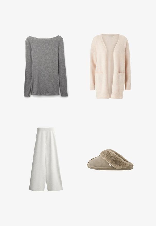 Lys pink cardigan lavet af blødt strikket stof, med en bred V-udskæring, åben front, lange ærmer og to forreste patch-lommer.; Grå tætsiddende top med lange ærmer og bred bådudskæring, lavet af blødt, let strikstof.; Lysegrå vidbenede strikkede bukser med ribbet elastisk taljebånd og detaljer på sidepanel, vist på hvid baggrund.; Beige slip-on tøfler med blød, plyssede pelsforing omkring åbningen og en ydersål med ruskindslignende overflade.