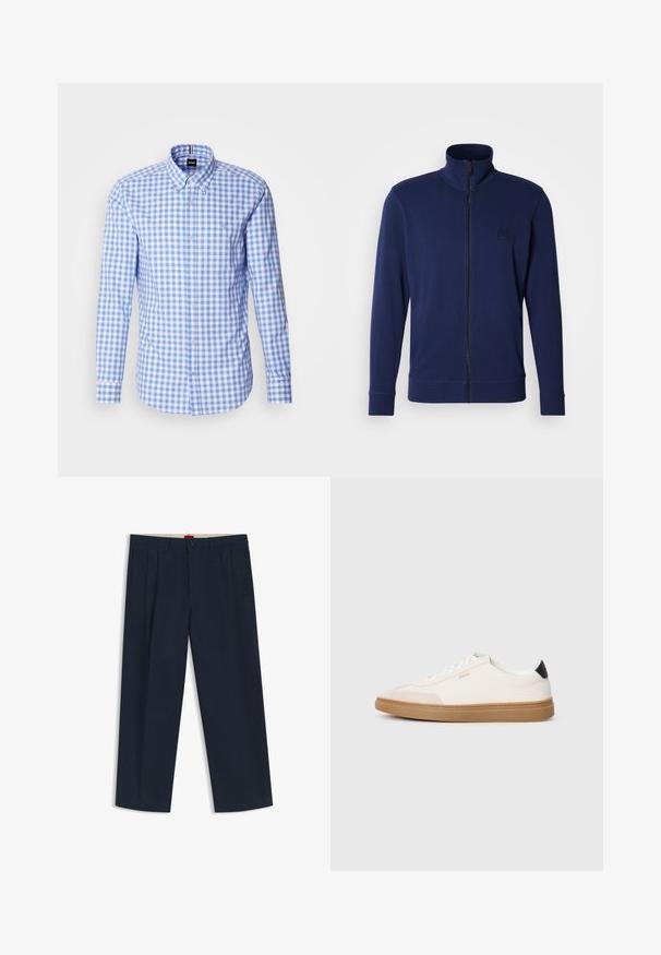 Marineblauwe zip-up sweatshirt met hoge kraag, lange mouwen, geribbelde manchetten en een klein geperst logo op de linkerborst, gemaakt van gladde stof.; Blauw en wit geruit overhemd met lange mouwen, knoop-onderkraag en geborduurd logo op de borst. Soepele katoenen stof.; Donkerblauwe broek met wijde pijpen, riemlussen, knoopsluiting en ritssluiting aan de voorkant, en zijzakken, afgebeeld op een witte achtergrond.; Witte sneakers met beige accenten, bovenwerk van glad leer, ronde neus en rubberen gumzool, met een zwarte hieltab en subtiele branding.