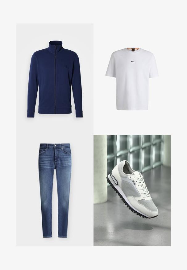 Marineblauwe zip-up sweatshirt met hoge kraag, lange mouwen, geribbelde manchetten en een klein geperst logo op de linkerborst, gemaakt van gladde stof.; Witte katoenen T-shirt met korte mouwen, voorzien van een zwart "BOSS"-logo in het midden van de borst en een ronde halsontwerp.; Heren slim fit blauwe denim jeans met klassieke vijfzakkenstijl en lichte vervaging op dijen en knieën, knoop- en ritssluiting.; Witte sportschoen met bovenwerk van mesh en leer, grijze accenten, veters, rubberen loopzool met groeven en een logo aan de zijkant.