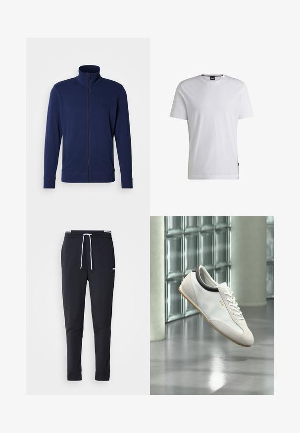 Marineblå sweatshirtr med lynlås og høj krave, lange ærmer, ribbede manchetter og et lille præget logo på venstre bryst, lavet af glat stof.; Hvid T-shirt med korte ærmer lavet af bomuld. Har en rund hals og et diskret mærke på siden. Glat tekstur og enkelt design.; Sorte slim-fit joggingbukser med hvid snor, elastisk talje med hvide striber og lille hvidt logo på den øverste lår.; Hvid læder- og ruskindssneaker med gummisål og sort kravedetalje, der svæver indendørs nær en glasblokvæg og en betonsøjle.