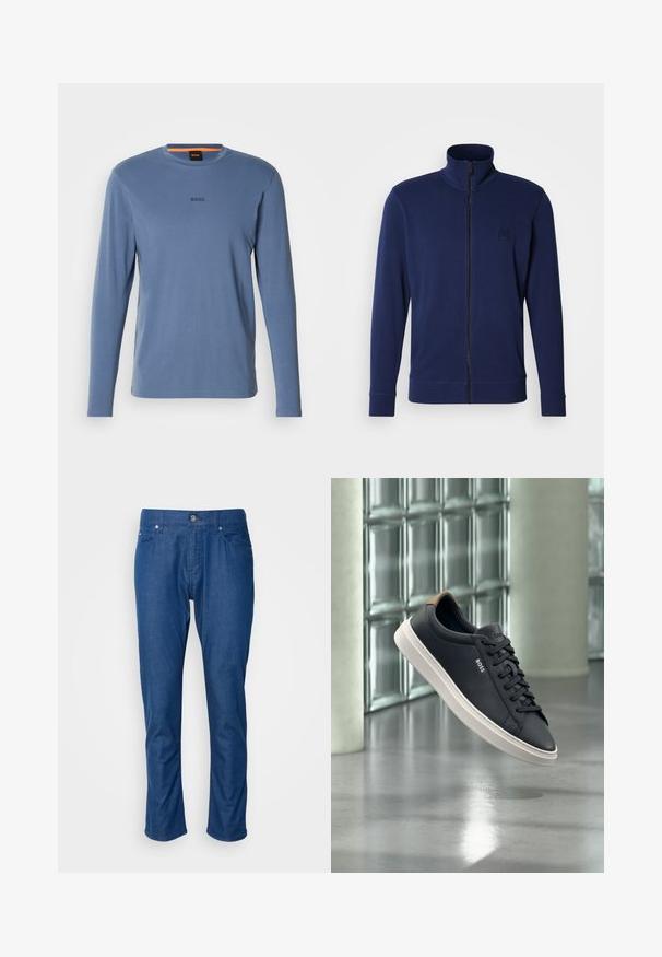Marineblå sweatshirtr med lynlås og høj krave, lange ærmer, ribbede manchetter og et lille præget logo på venstre bryst, lavet af glat stof.; Langærmet blå T-shirt lavet af blødt stof, med rund halsudskæring og "BOSS" logo i mørkegrå på brystet.; Blå denimbukser med lige ben-design, frontlommer og enkelt knaplukning. Glat tekstur med minimal detaljering.; Sort lavt snøresneaker med hvid sål og brun hælkappe, mærket "BOSS", svævende indendørs nær en væg af glasblokke.
