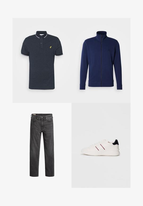 Marineblauwe zip-up sweatshirt met hoge kraag, lange mouwen, geribbelde manchetten en een klein geperst logo op de linkerborst, gemaakt van gladde stof.; Marineblauwe polo met een klein wit stippenpatroon, korte mouwen, witte accenten op de kraag en manchetten, en een gele logo op de borst.; Donkergrijze spijkerbroeken met rechte pijpen, vijf zakken en koperen klinknagels. Klassiek ontwerp met een licht vervaagde textuur.; Witte sneaker met rode strepen, soepel leren ontwerp, iets verhoogde zool, ronde neus en contrasterende zwarte hielaccent.