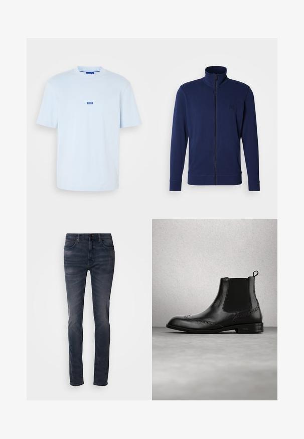 Marineblauer Sweatshirt mit Reißverschluss, hohem Kragen, langen Ärmeln, gerippten Bündchen und einem kleinen, eingeprägten Logo auf der linken Brust, gefertigt aus glattem Stoff.; Hellblaues Baumwoll-T-Shirt mit Rundhalsausschnitt und kurzen Ärmeln; verfügt über ein kleines blaues Logolabel in der Mitte vorne.; Dunkel gefärbte Jeans mit schmaler Passform, ausgestattet mit einem Knopfverschluss, fünf Taschen und dezenten Verwaschungen. Gerader Beinverlauf mit glatter Textur.; Schwarzer Chelsea-Stiefel aus Leder mit Brogue-Details, elastischen Seiteneinsätzen, Zuglasche und niedrigem Absatz, schwebend vor einem modernen Innenboden.