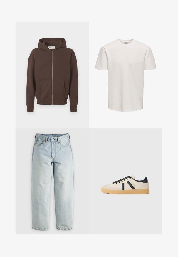 Bruine ritssluiting hoodie gemaakt van zacht stof. Heeft een kangoeroezak, ribbelboorden en een verstelbare capuchon met trekkoord.; Effen wit, kort mouw, gestructureerd T-shirt met ronde hals, getoond op een egale achtergrond, zonder zichtbare logo's of ontwerpen.; Lichtblauwe denim jeans met een rechtBeen, vijf zakken en een knoopsluiting; heeft vervaagde gebieden en subtiele stikdetails.; Casual sneakers in crème met zwarte strepen, voorzien van een gestructureerde bovenkant en een gumrubberen zool. Veters zijn zwart. Subtiel logo aan de zijkant.