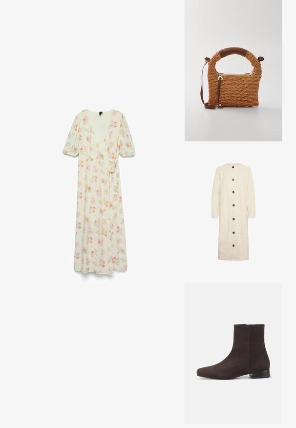Lys beige lang cardigan lavet af ribstrikket stof, med et kabelmønster, rund halsudskæring og seks sorte knapper foran.; Hvid omslagskjole med pink blomsterprint, korte puffede ærmer og sidebind, vist på en hvid baggrund.; Mørkebrun ruskind ankelstøvle med lav blokhæl og sidelås, slank rundet tå, på ensartet lys baggrund.; Brun vævet håndtaske med et rundt håndtag. Den har en lynlåslukning og justerbar rem, suppleret med et læderdetalje på håndtaget.