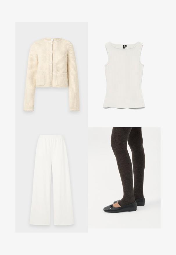Cardigan crème coupé, tissu texturé avec des côtes verticales, fermeture à boutons à l'avant et deux poches plaquées.; Haut blanc sans manches en maille côtelée avec encolure bateau et silhouette ajustée, posé à plat sur un fond blanc.; Pantalons larges en tissu blanc léger et doux. Dotés d'une taille élastique pour le confort et d'une texture lisse sans motifs visibles.; Jambes portant des leggings côtelés foncés associés à des ballerines noires avec de petits détails en nœud sur fond blanc.