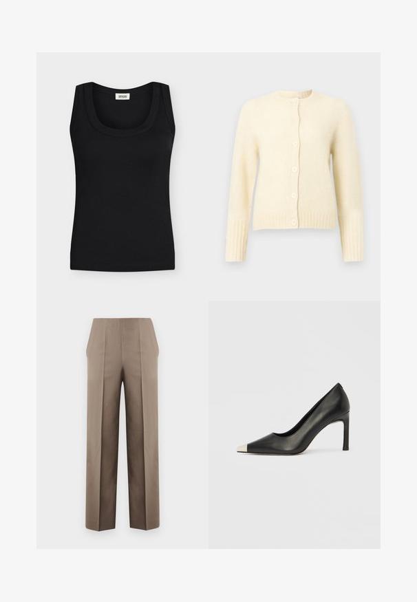 Cardigan en maille couleur crème avec manches longues, encolure ronde, poignets côtelés et fermeture à boutons sur le devant avec six boutons assortis.; Débardeur noir côtelé sans manches avec larges bretelles et encolure ronde, étiquette de marque visible à l'intérieur du col.; Pantalons beiges à taille haute avec une coupe ajustée, dotés de deux plis à l'avant, d'une conception à jambe droite et de lignes épurées, sans ornements.; Chaussure à talon haut en cuir noir avec bout pointu et capuchon argenté métallique. Présente une finition lisse et un talon fin de 10 cm.