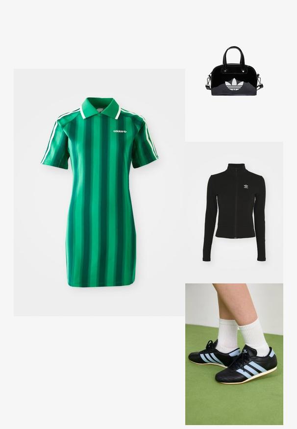 Sort zip-up jakke med lange ærmer, lavet af tekstureret materiale, med et lille blåt Adidas-logo på venstre bryst.; Grønstribet polo kjole lavet af glat stof. Har en krave, korte ærmer og hvidt Adidas-logo. Lodrette striber i forskellige nuancer.; Sorte lædersportssko med lyseblå striber, teksturerede overdele og gummisko, parret med hvidt ribbet sokker på grønne gulve.; Sort patentlæder håndtaske med rund form, to top-håndtag, sølvdetaljer og en fremtrædende hvid logo på fronten.