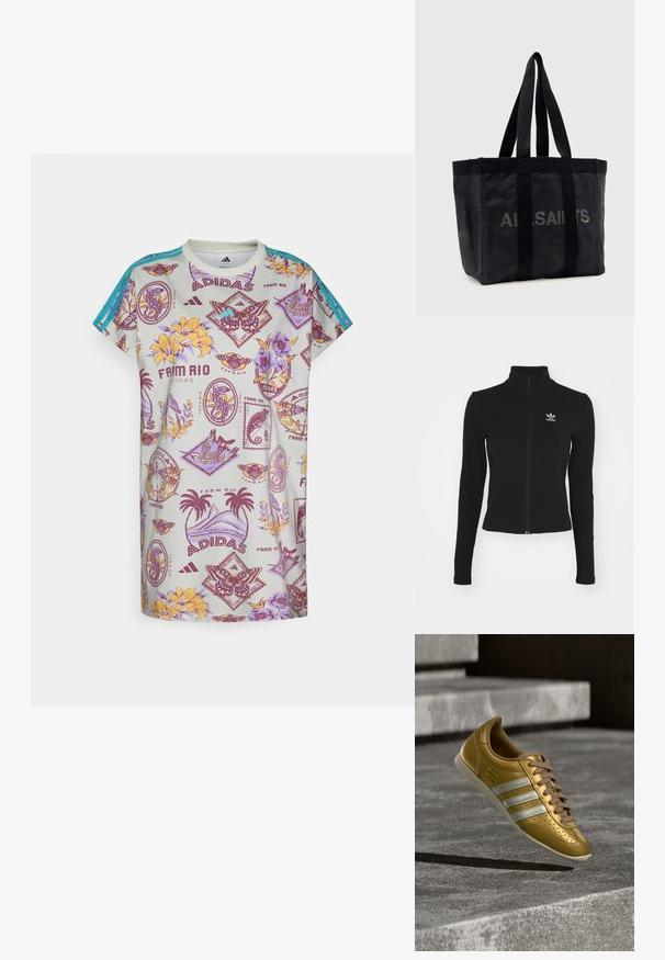 Musta vetoketjullinen takki pitkillä hihoilla, valmistettu teksturoidusta materiaalista, jossa on pieni sininen Adidas-logo vasemmalla rintapielessä.; adidas Sportswear FARM DRESS - Trikoomekko - ash silver/corn gold/violet fusion; Kultainen nahkainen tennari, jossa on kolme valkoista raitaa, nauhakiinnitys, rei'itetyt yksityiskohdat ja vaaleanvärinen kumipohja.; Mustakankainen olkalaukku, jossa on kaksi pitkää kahvaa ja "ALLSAINTS"-logo haalistuneen harmaana painettuna etupuolella.