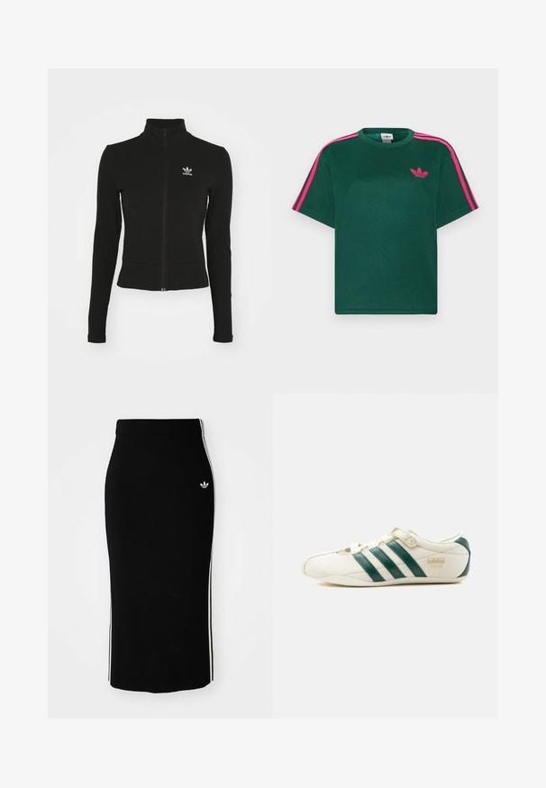 Must mustressede jakk, millel on pikad varrukad ja mis on valmistatud tekstuurilisest materjalist, ning mille vasakul rinnaku kohal on väike sinine Adidas'i logo.; Roheline lühikeste varrukatega T-särk, mille õlgadel on eredapinkid triibud ja rinnal Adidas kolmelehise ristikheina logo.; Must have ribidega midi seelik, millel on hästi liibuv disain, valgete külgtriipude ja väikese valge embleemiga vasakul küljel.; Valge toss roheliste triipude, takjakinnituse ja ääres oleva "Tokyo" tekstiga, nähtav välisküljelt valgel taustal.