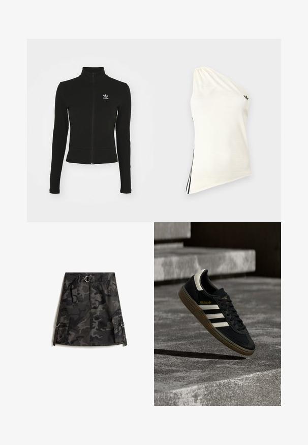 Zwarte zip-up jas met lange mouwen, gemaakt van textuurmateriaal, met een klein blauw Adidas-logo op de linkerborst.; Een top met één schouder in crèmekleurige stof, met een lichte glans, contrasterende zwarte strepen aan de zijkant en een klein zwart logo op de schouder.; Camo rok in donkergrijs en zwart, met een voorkleur rits, een riem met een zilveren gesp en twee cargozakken met ringen.; Zwarte Adidas sneaker met witte strepen en gumzool die boven grijze betonnen trappen zweeft in natuurlijk licht.