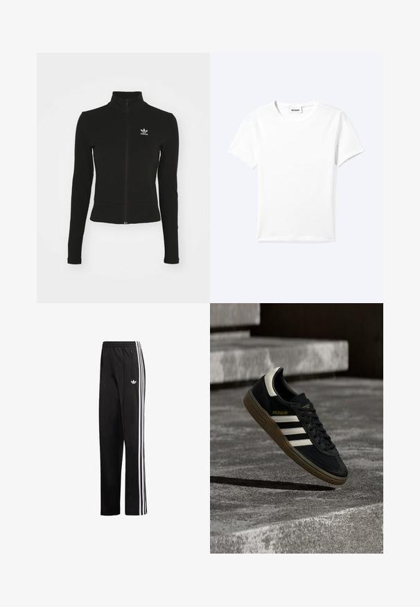 Černá zipová bunda s dlouhými rukávy, vyrobená z texturovaného materiálu, s malým modrým logem Adidas na levé hrudi.; Jednoduché bílé triko s krátkým rukávem a kulatým výstřihem, s malou "WEEKDAY" značkou uvnitř výstřihu, zobrazené naležato na světlém pozadí.; Černé sportovní kalhoty z hladké tkaniny s bílými svislými pruhy po stranách a malým logem na levém boku.; Černá teniska Adidas s bílými pruhy a gumovou podrážkou vznášející se nad šedými betonovými schody za přirozeného světla.