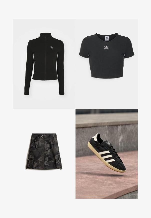 Sort zip-up jakke med lange ærmer, lavet af tekstureret materiale, med et lille blåt Adidas-logo på venstre bryst.; Sort cropped t-shirt lavet af bomuld, med rund halsudskæring og korte ærmer. I midten har den hvid Adidas logo broderi.; Kamuflage nederdel i mørkegrå og sort, med en frontlynlås, bælte med sølvspænde og to cargo-lommer med ringe.; Sort Adidas sneaker med hvide striber og beige sål, fanget i luften over en stenet overflade og baggrund af en stenmur.