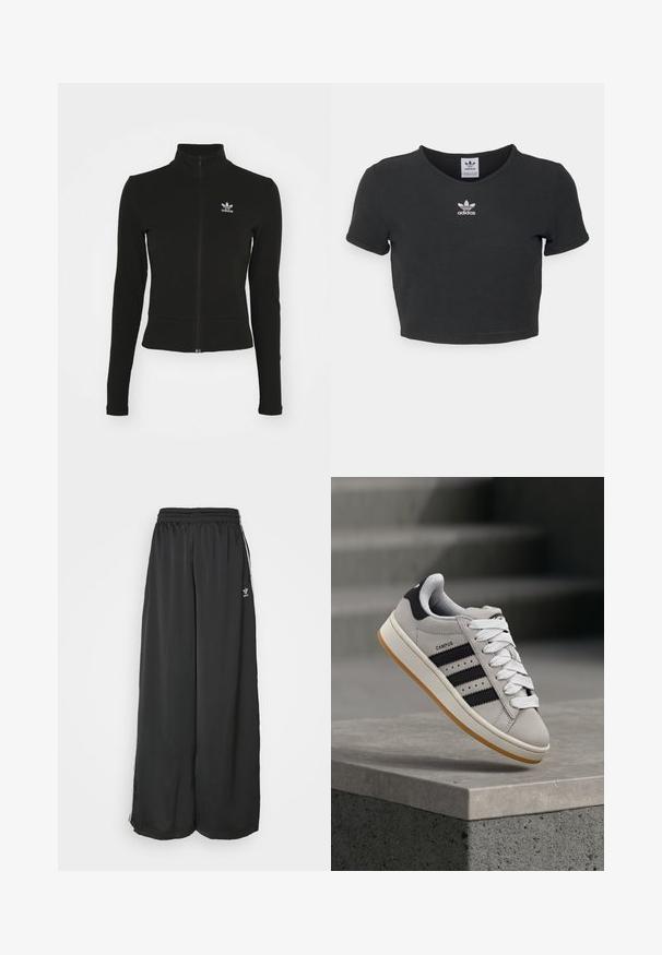 Čierna zipsová bunda s dlhými rukávmi, vyrobená z textúrovaného materiálu, s malým modrým logom Adidas na ľavej hrudi.; Čierne skrátené tričko vyrobené z bavlny, s okrúhlym výstrihom a krátkymi rukávmi. V strede sa nachádza biele vyšívané logo Adidas.; Čierne široké tréningové nohavice vyrobené z hladkej látky. Obsahujú elastický pás a bočné pruhy s logom.; Šedá teniska Adidas Campus s čiernymi pruhmi a bielymi šnúrkami vznášajúca sa nad betónovým múrikom so schodmi v pozadí.