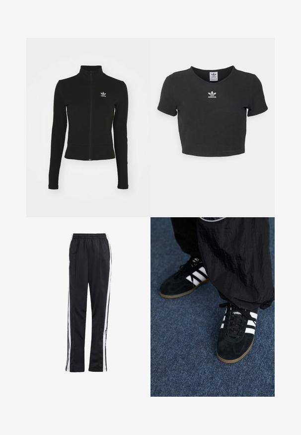 Čierna zipsová bunda s dlhými rukávmi, vyrobená z textúrovaného materiálu, s malým modrým logom Adidas na ľavej hrudi.; Čierne skrátené tričko vyrobené z bavlny, s okrúhlym výstrihom a krátkymi rukávmi. V strede sa nachádza biele vyšívané logo Adidas.; Čierne tepláky so bielymi bočnými pruhmi, elastickým pásom a logom. Vyrobené z hladkej, ľahkej tkaniny. Rovný strih.; Čierne roháčiky z semišu so tromi bielymi pruhmi a čiernymi šnúrkami. Texturované čierne nohavice sú čiastočne viditeľné vedľa topánok.