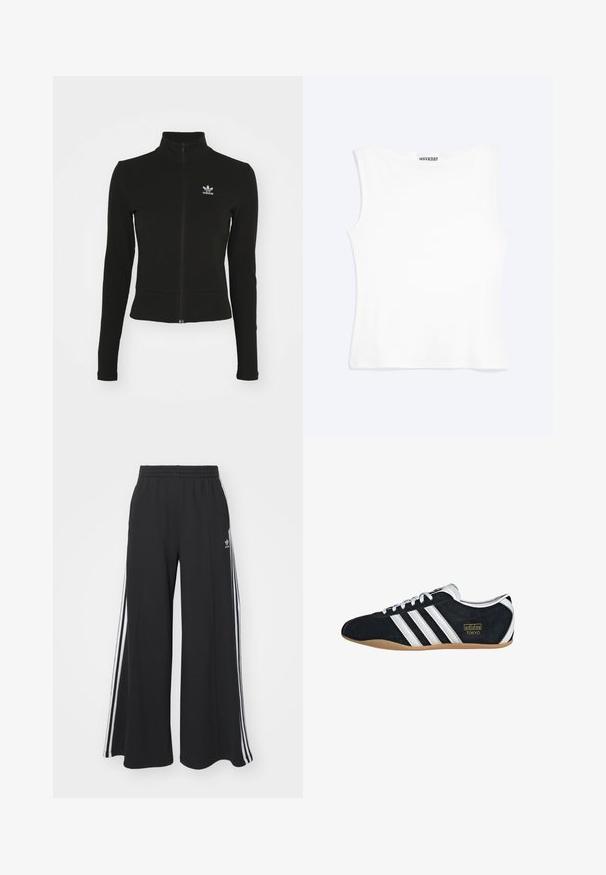 Zwarte zip-up jas met lange mouwen, gemaakt van textuurmateriaal, met een klein blauw Adidas-logo op de linkerborst.; Wit nauwsluitend mouwloos tanktopje met een ronde halslijn en minimalistisch ontwerp, met het label "WEEKDAY" aan de binnenkant van de kraag.; Zwarte broek met wijde pijpen en een elastische tailleband, met drie witte strepen langs de buitenkant en een klein logo aan de voorkant.; Zwarte suède sneaker met witte drie strepen, gouden logo en een bruine rubberen zool. Heeft een laag profiel vetersluiting ontwerp.