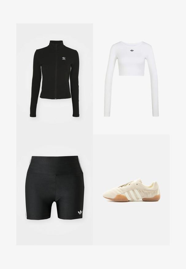 Schwarze Jacke mit Reißverschluss und langen Ärmeln, aus strukturiertem Material, mit einem kleinen blauen Adidas-Logo auf der linken Brust.; Weißes langärmliges Crop-Top mit Rundhalsausschnitt und kleinem schwarzem Adidas-Logo, zentriert unter dem Halsausschnitt.; Schwarze Sportshorts aus einem dehnbaren Stoff mit hoher Taille. Sie verfügen über weiße Seitenstreifen und ein kleines weißes Logo am Saum.; Flacher beiger Sneaker mit drei weißen Streifen, strukturierten Wildleder-Seitenflächen, Gummisohle und Schnürverschluss vor einfarbigem Hintergrund.