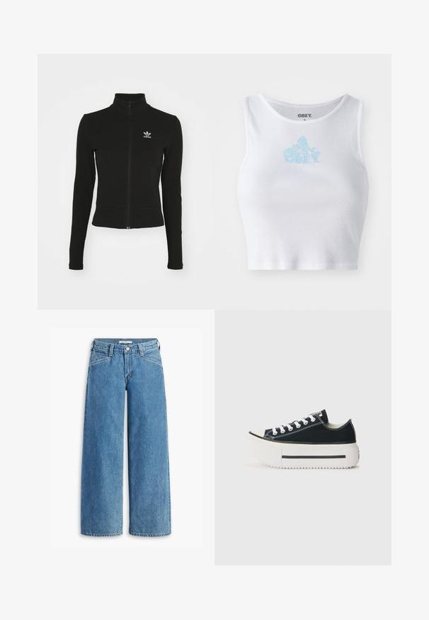 Schwarze Jacke mit Reißverschluss und langen Ärmeln, aus strukturiertem Material, mit einem kleinen blauen Adidas-Logo auf der linken Brust.; Weißes, geripptes Crop-Top mit Rundhalsausschnitt und einem hellblauen "OBEY"-Logo, das zentral auf der Brust platziert ist. Glatte Textur und taillierte Passform.; Hellblau weite Jeans aus Denim, mit hoher Taille, fünf Taschen und einem klassischen Knopfverschluss. Gerader Schnitt vom Oberschenkel bis zum Saum.; Schwarze Canvas-Sneaker mit einer weißen Gummisohle, die eine dicke Plateausohle, weiße Schnürsenkel und kontrastierende Nähte entlang der Nähte aufweisen.
