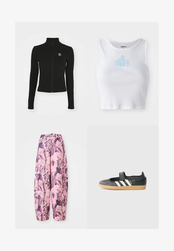 Čierna zipsová bunda s dlhými rukávmi, vyrobená z textúrovaného materiálu, s malým modrým logom Adidas na ľavej hrudi.; Biely rebrovaný crop top s okrúhlym výstrihom a svetlomodrým logom "OBEY" umiestneným na hrudi. Hladká textúra a priliehavý strih.; Ružové a fialové široké nohavice s vzorom obsahujúce dizajn listov a vetvičiek, s vysokým pásom a bočnými vreckami pre väčšiu funkčnosť.; Čierne kožené a zamšové tenisky s Velcro pásikom, s tromi bielymi pruhmi a gumenou podrážkou, označené nápisom "SAMBA" na boku.