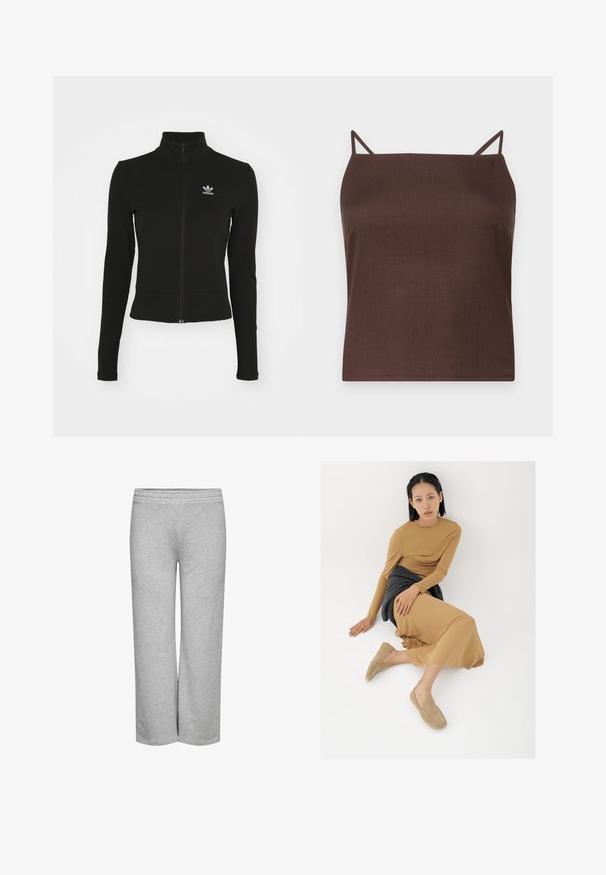 Sort zip-up jakke med lange ærmer, lavet af tekstureret materiale, med et lille blåt Adidas-logo på venstre bryst.; Brun, ærmeløs top med tynde stropper; lavet af et glat, mat stof; boksformet snit med lige kant; minimalistisk design uden mønstre.; Grå sweatpants med bred bendesign, blød tekstur og elastisk talje, uden synlige mønstre eller hardwaredetaljer.; Ung kvinde med kort sort hår sidder på gulvet iført en tanfarvet langærmet kjole, beige loafers og en mørkegrå sweater bundet om livet.