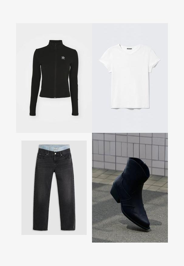 Čierna zipsová bunda s dlhými rukávmi, vyrobená z textúrovaného materiálu, s malým modrým logom Adidas na ľavej hrudi.; Jednoduché biele krátke tričko s výstrihom do V a malou nálepkou "WEEKDAY" vo vnútri goliera, zobrazené na svetlosivom pozadí.; Čierne džíny z denimu so strižou rovného nohavicu, s pásom z svetlého denimu. Tkanina má jemnú textúru so slabým vyblednutím.; Čierna kožená členková obuv s nízkym podpätkom, dekoratívnym prešívaním a špicatou špičkou, postavená vzpriamene na dláždený povrch vedľa obloženej steny.