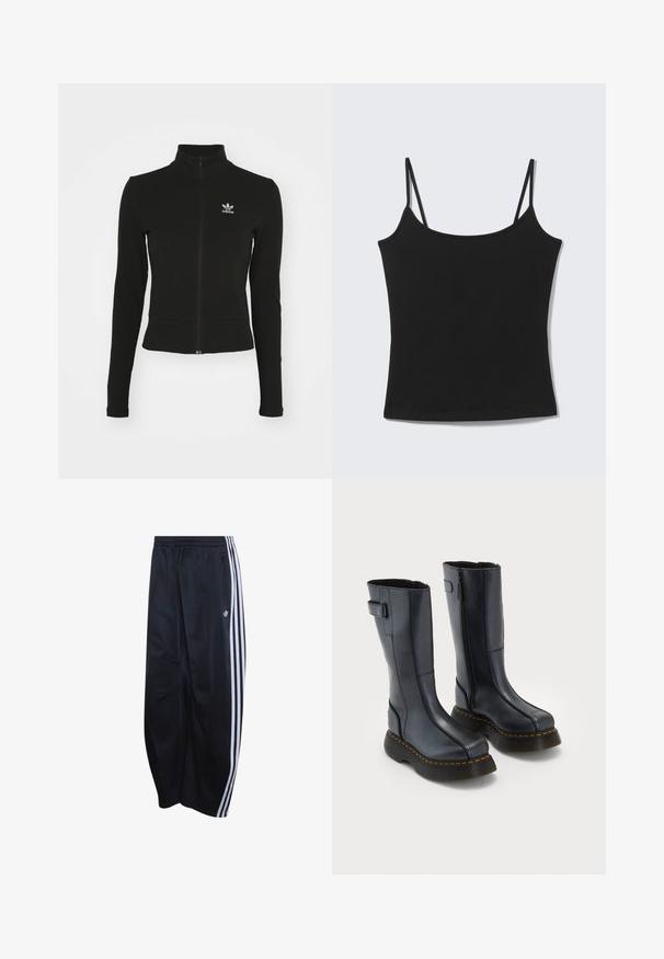 Sort zip-up jakke med lange ærmer, lavet af tekstureret materiale, med et lille blåt Adidas-logo på venstre bryst.; Sort ærmeløs cropped tanktop med tynde skulderstropper og en lige halsudskæring på en lysegrå baggrund.; Sorte Adidas træningsbukser med elastisk talje, hvide tredobbelte striber ned langs siden, lynlåslomme og logo på venstre ben.; Sorte læderstøvler til midt på læggen med tykke platformsåler, gule syninger og lynlåse på siden, præsenteret på en ensfarvet hvid baggrund.