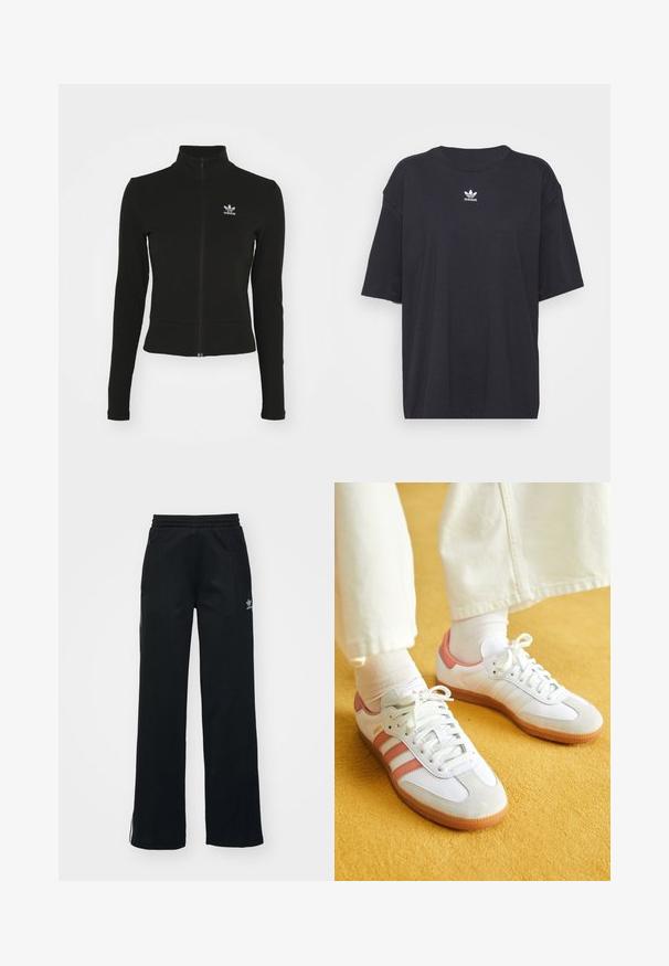 Čierna zipsová bunda s dlhými rukávmi, vyrobená z textúrovaného materiálu, s malým modrým logom Adidas na ľavej hrudi.; Čierne bavlnené tričko s krátkymi rukávmi, okrúhlym výstrihom, na hrudi s bielym logom Adidas. Jednoduchý dizajn, voľný strih.; Čierne športové nohavice so voľným strihom, s viazaním v páse, bočnými zipsovými vreckami a diskrétnym bielym logom na ľavej nohe.; Biele športové topánky s ružovými akcentmi, z semišových a kožených materiálov, s okrúhlou špičkou a gumenou podrážkou, zobrazené s svetlými ponožkami na žltom pozadí.
