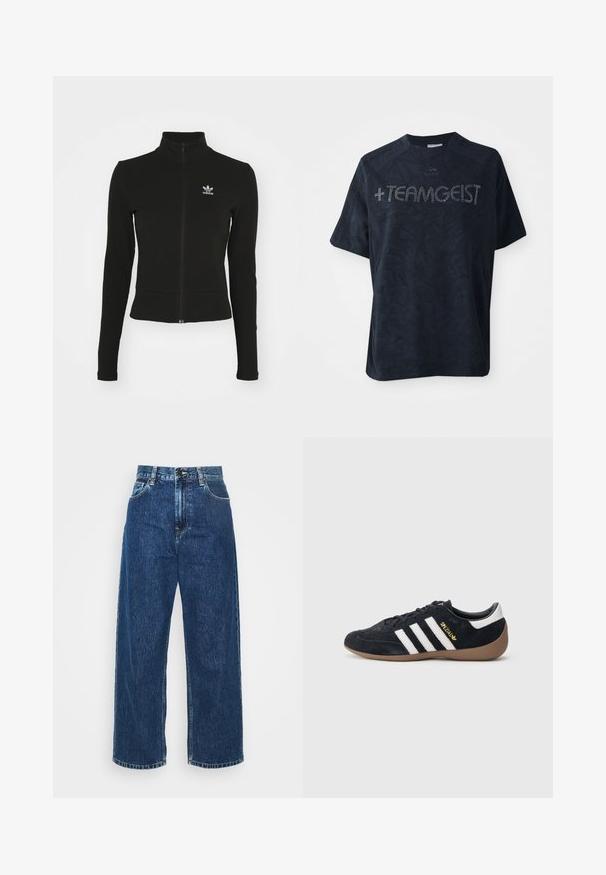 Čierna zipsová bunda s dlhými rukávmi, vyrobená z textúrovaného materiálu, s malým modrým logom Adidas na ľavej hrudi.; Čierne tričko s krátkym rukávom vyrobené z jemného materiálu, s textúrovaným vzorom a ozdobené kryštálmi s nápisom "+TEAMGEIST."; Svetlomodré denimové nohavice s širokými nohavicami a vysokým pásom, s viditeľným šitím a klasickými vreckami. Obsahujú zapínanie na gombík a zips.; Čierna semišová teniska s tromi bielymi pruhmi, gumovou podrážkou a malým zlatým logom na boku. Má hladkú čiernu vnútornú podšívku.