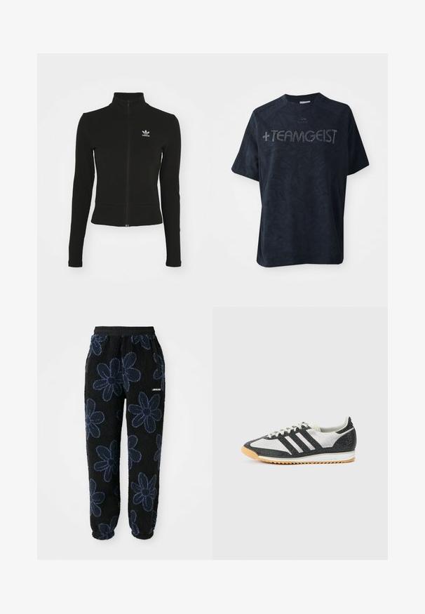 Zwarte zip-up jas met lange mouwen, gemaakt van textuurmateriaal, met een klein blauw Adidas-logo op de linkerborst.; Zwarte korte mouwen t-shirt gemaakt van zachte stof, met een gestructureerd patroon en versierd met rhinestones die " +TEAMGEIST " spellen.; Fleece joggers met een zwarte achtergrond en een donkerblauw bloemenpatroon. Voorzien van een elastische tailleband en zijzakken. Zachte textuur.; Zwart-witte sportschoen met een mesh bovenwerk, drie zwarte strepen, gestructureerde stof en een buitenzool van gum rubber.