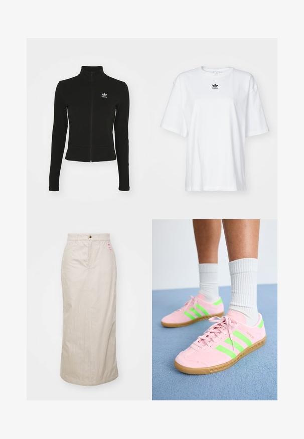 Čierna zipsová bunda s dlhými rukávmi, vyrobená z textúrovaného materiálu, s malým modrým logom Adidas na ľavej hrudi.; Biele tričko s krátkym rukávom vyrobené z bavlny. Má okrúhly výstrih a malé čierne logo Adidas na hrudi. Priamy strih spodného lemu.; Béžová sukňa s pruhmi a vysokým pásom, skrytý zips a kovové zapínanie na gombík. Obsahuje malú značkovú etiketu na prednej strane.; Ružové semišové tenisky s neónovo zelenými pruhmi a svetlohnedými gumovými podrážkami. Vyznačujú sa štruktúrovaným materiálom a plochým šnurovacím dizajnom.