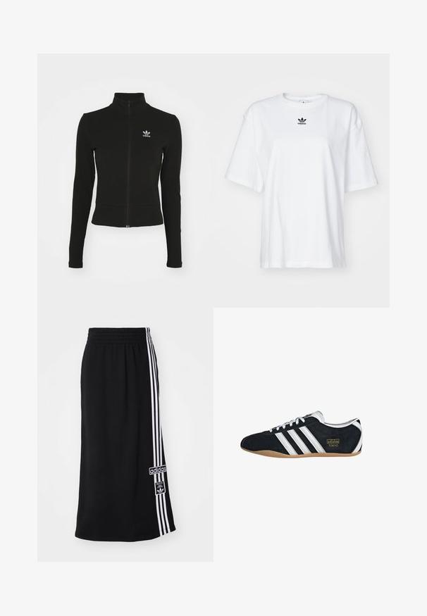 Must mustressede jakk, millel on pikad varrukad ja mis on valmistatud tekstuurilisest materjalist, ning mille vasakul rinnaku kohal on väike sinine Adidas'i logo.; Valge lühikeste varrukatega T-särk, mis on valmistatud puuvillast. Omab ümarat kaelust ja väikest musta Adidas logo rinnal. Otse lõige.; Mustlane sportseelik elastse vööga, millel on ühe külje peal kolm valget triipu ja Adidas logo sildiga. Sile kangas.; Must musta tennisjalanikesed valgete kolme triibuga, kuldse logo ja pruuni kummitaldiga. Omab madalat sidumise disaini.