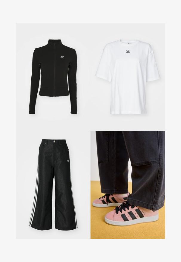 Must mustressede jakk, millel on pikad varrukad ja mis on valmistatud tekstuurilisest materjalist, ning mille vasakul rinnaku kohal on väike sinine Adidas'i logo.; Valge lühikeste varrukatega T-särk, mis on valmistatud puuvillast. Omab ümarat kaelust ja väikest musta Adidas logo rinnal. Otse lõige.; Mustad mustadeline denimipüksid, millel on kummalgi küljel kolm valget triipu ja väike valge logo. Omab esikotte ja nööbiga kinnihoidmist.; Roosad nahast tossud mustade triipudega ja mustade paelatega. Tallad on valged. Kombineeritud mustade laiade pükstega kollase põranda peal.