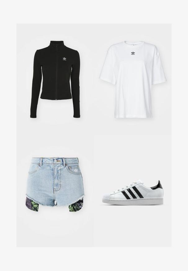 Musta vetoketjullinen takki pitkillä hihoilla, valmistettu teksturoidusta materiaalista, jossa on pieni sininen Adidas-logo vasemmalla rintapielessä.; Valkoinen lyhythihainen t-paita, joka on valmistettu puuvillasta. Siinä on pyöreä kaula-aukko ja pieni musta Adidas-logo rinnassa. Suora helma.; Farkkuhameet vaaleansinisinä, joissa on revitty helma ja värikkäät kuviolliset kankaat sivuilla, joissa on kaupunkimaista kuvastoa ja tekstuureja.; Valkoiset tennarit joissa on mustat lakatut yksityiskohdat, kolme mustaa raitaa ja kuminen varvaskuppi. Varusteena valkoiset nauhat ja sileäpintainen päällinen.
