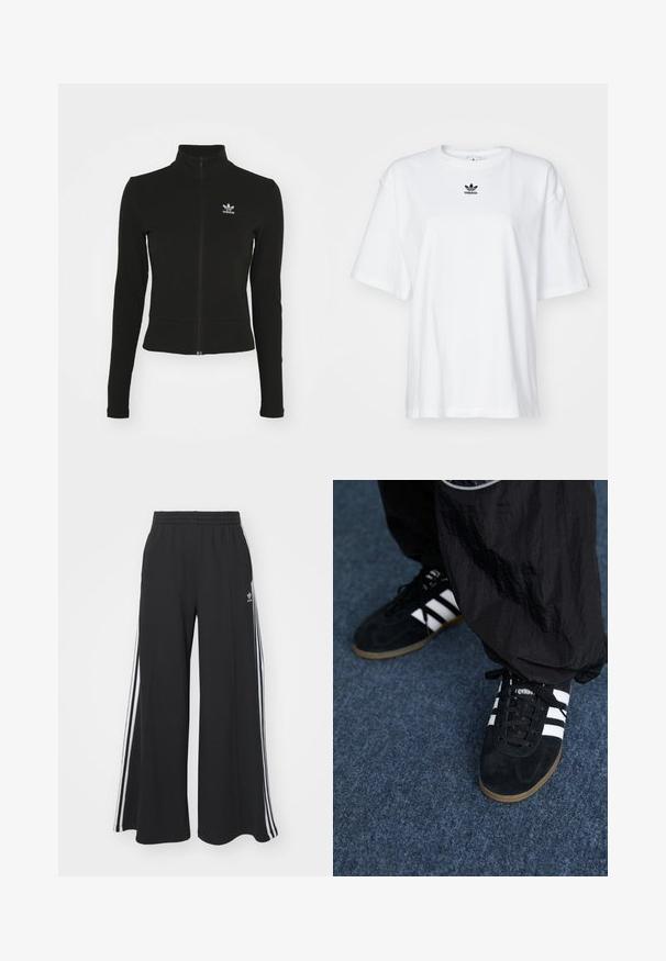 Sort zip-up jakke med lange ærmer, lavet af tekstureret materiale, med et lille blåt Adidas-logo på venstre bryst.; Hvid kortærmet t-shirt lavet af bomuld. Har en rund halsudskæring og et lille sort Adidas-logo på brystet. Lige skåret kant.; Sorte bukser med vide ben og elastik i taljen, med tre hvide striber langs ydersiderne og et lille logo foran.; Sorte suedetrainingssko med tre hvide striber og sorte snørebånd. Et tekstureret sort bukser er delvist synligt ved siden af skoene.