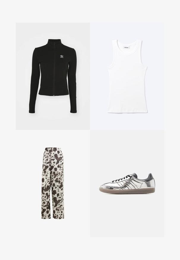 Schwarze Jacke mit Reißverschluss und langen Ärmeln, aus strukturiertem Material, mit einem kleinen blauen Adidas-Logo auf der linken Brust.; Weißes ärmelloses geripptes Tanktop mit rundem Ausschnitt und einem kleinen Etikett mit der Aufschrift "WEEKDAY" innen im Kragen.; adidas Originals COW PRINT SATIN WIDE LEG - Jogginghose - multicolor off white; Low-Top-Sneaker mit reflektierendem silberfarbenem Obermaterial, schwarzen Schnürsenkeln und Ferse sowie beiger Gummisohle auf einfachem hellem Hintergrund.