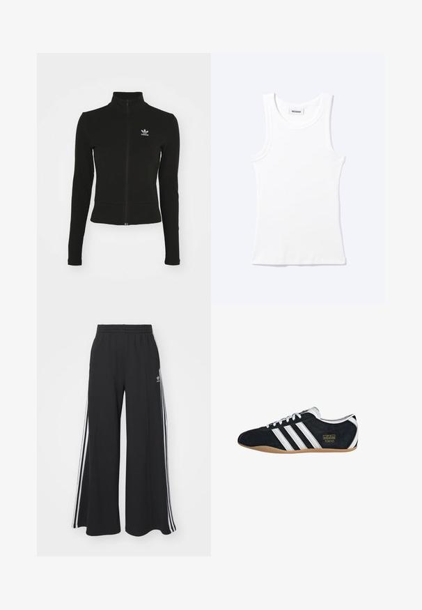 Sort zip-up jakke med lange ærmer, lavet af tekstureret materiale, med et lille blåt Adidas-logo på venstre bryst.; Hvid ærmeløs ribstrikket top med rund halsudskæring og en lille label med teksten "WEEKDAY" indeni kraven.; Sorte bukser med vide ben og elastik i taljen, med tre hvide striber langs ydersiderne og et lille logo foran.; Sort ruskinds sneaker med hvide tre striber, guldlogo og en brun gummisål. Har et lavprofil snørebåndsdesign.