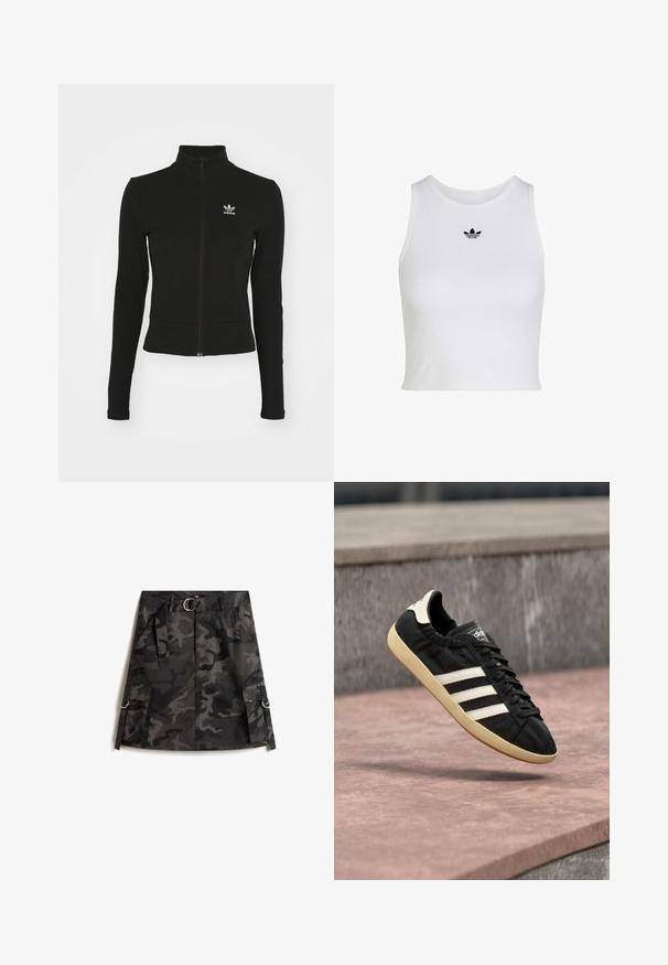 Zwarte zip-up jas met lange mouwen, gemaakt van textuurmateriaal, met een klein blauw Adidas-logo op de linkerborst.; Witte mouwloze crop top met ronde hals en klein zwart Adidas trefoil-logo, gecentreerd onder de kraag.; Camo rok in donkergrijs en zwart, met een voorkleur rits, een riem met een zilveren gesp en twee cargozakken met ringen.; Zwarte Adidas sneaker met witte strepen en beige zool, vastgelegd in de lucht boven een stenen oppervlak en een stenen muur op de achtergrond.