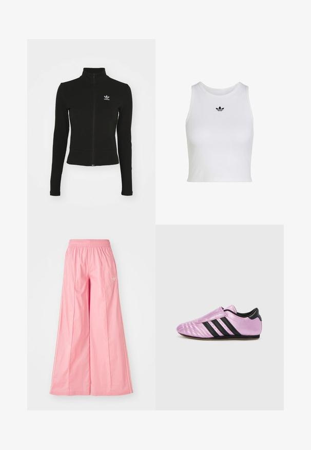 Chaqueta negra con cremallera y mangas largas, hecha de material texturizado, que presenta un pequeño logo azul de Adidas en el lado izquierdo del pecho.; Top corto blanco sin mangas con cuello redondo y pequeño logo negro Adidas trefoil centrado debajo del cuello.; Pantalones de pierna ancha en color rosa, hechos de un tejido ligero, con una cintura elástica y sutiles rayas blancas en los laterales. Pequeño logotipo en la parte delantera.; adidas Originals TAEKWONDO W - Zapatillas - purple bliss/lilac/core black