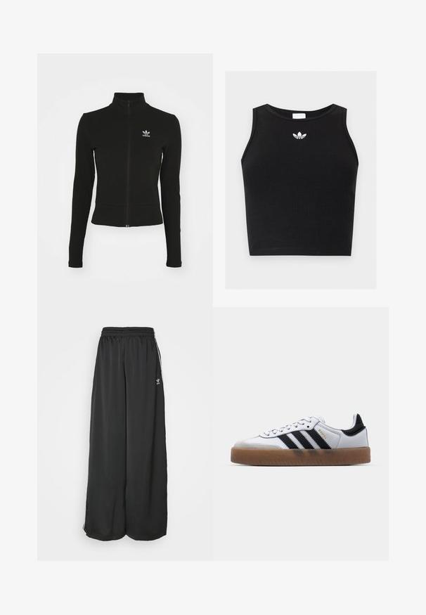Čierna zipsová bunda s dlhými rukávmi, vyrobená z textúrovaného materiálu, s malým modrým logom Adidas na ľavej hrudi.; Čierny rebrovaný krátky top bez rukávov s okrúhlym výstrihom a malým bielym logom Adidas trefoil umiestneným v strede pri golieri.; Čierne široké tréningové nohavice vyrobené z hladkej látky. Obsahujú elastický pás a bočné pruhy s logom.; Biele kožené tenisky s čiernymi pruhmi, gumová podrážka, okrúhla špička, šnurovanie a mäkký sivý semišový špička.