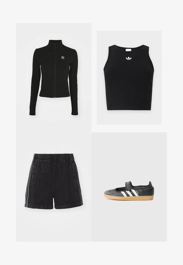 Doudoune noire zippée avec manches longues, fabriquée en matériau texturé, affichant un petit logo Adidas bleu sur la poitrine gauche.; Crop top noir côtelé sans manches avec encolure ronde et petit logo blanc Adidas trefoil centré près du col.; Shorts en denim noir avec une taille élastique, des poches latérales zippées et des bandes latérales contrastantes. Texture déchirée et longueur au-dessus du genou.; Sneaker en cuir noir et suède avec une sangle Velcro, arborant trois bandes blanches et une semelle en caoutchouc, étiqueté "SAMBA" sur le côté.