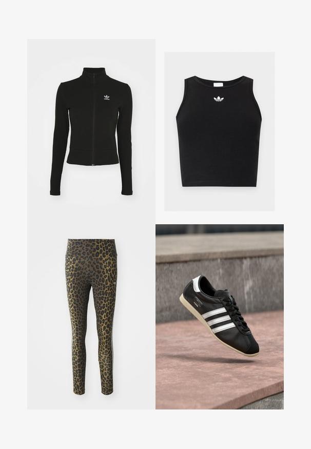 Must mustressede jakk, millel on pikad varrukad ja mis on valmistatud tekstuurilisest materjalist, ning mille vasakul rinnaku kohal on väike sinine Adidas'i logo.; Mustast soonikangast varrukateta lühike top ümar kaelusega ja väikese valge Adidas trefoil logoga kaeluse lähedal keskel.; Leopardimustriga retuusid, millel on kõrge vöökoht, veniv kangas ja mustad aktsendid heledal pruunil taustal, loodud mugavuse ja sobivuse tagamiseks.; Must nahast vabaajajalats valgete triipude ja tallaga, paeltega kinnitatud, hõljumas roosaka tooniga betoonpinna kohal, taustal hall kivisein.