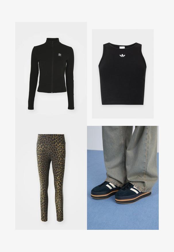 Sort zip-up jakke med lange ærmer, lavet af tekstureret materiale, med et lille blåt Adidas-logo på venstre bryst.; Sort ribbet ærmeløs crop top med rund halsudskæring og lille hvid Adidas trefoil-logo centreret nær kraven.; Pletterede leggings med høj talje, strækbart stof og sorte accenter på en lys brun bund, designet til komfort og pasform.; Mørkeblå ruskinds-platform sneakers med hvide striber og sorte snørebånd. Har en tyk brun gummisål. Bæres med lyseblå denimbukser.