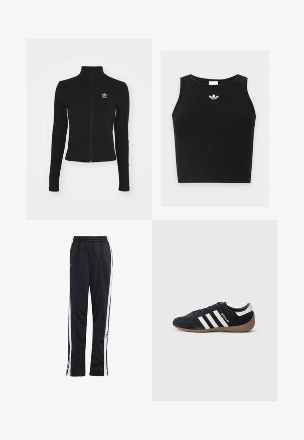 Čierna zipsová bunda s dlhými rukávmi, vyrobená z textúrovaného materiálu, s malým modrým logom Adidas na ľavej hrudi.; Čierny rebrovaný krátky top bez rukávov s okrúhlym výstrihom a malým bielym logom Adidas trefoil umiestneným v strede pri golieri.; Čierne tepláky so bielymi bočnými pruhmi, elastickým pásom a logom. Vyrobené z hladkej, ľahkej tkaniny. Rovný strih.; Čierna semišová teniska s tromi bielymi pruhmi, gumovou podrážkou a malým zlatým logom na boku. Má hladkú čiernu vnútornú podšívku.